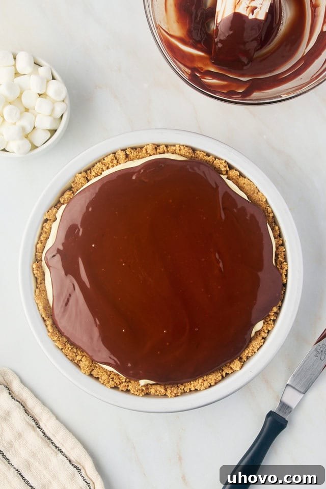 overhead view of chocolate ganache spread over s'mores pie