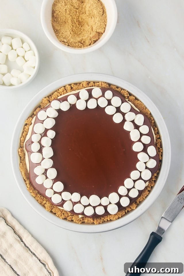 overhead view of marshmallows added to the top of s'mores pie