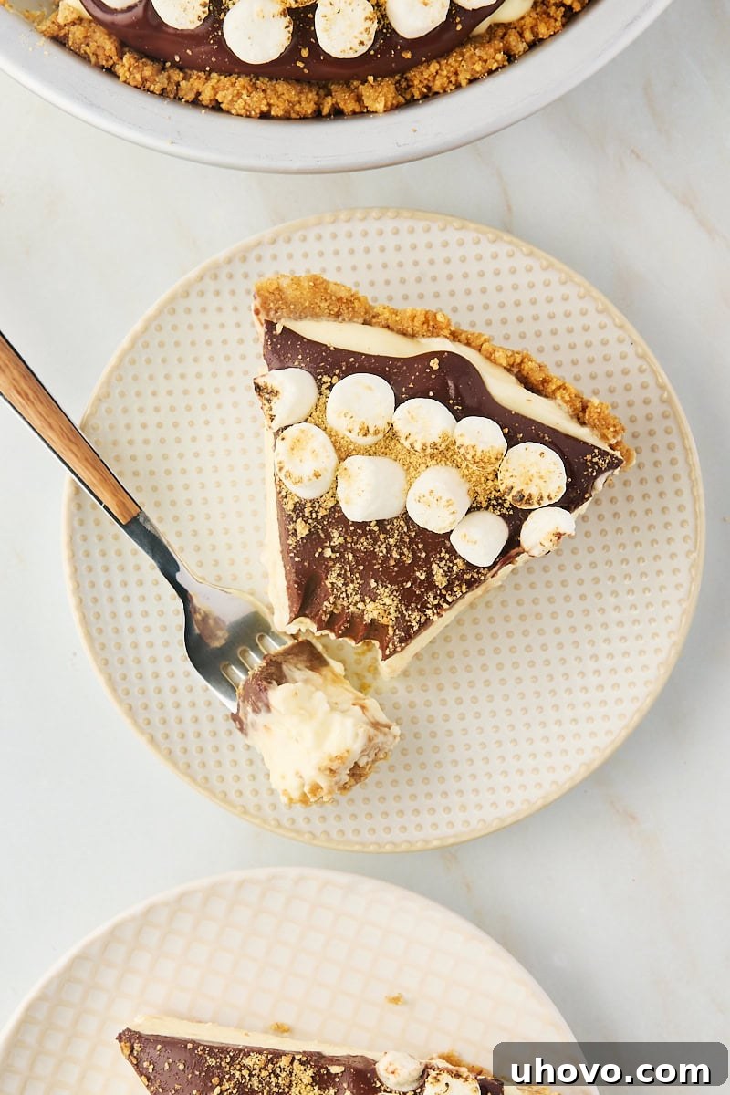 overhead view of a slice of s'mores pie with a bite on a fork