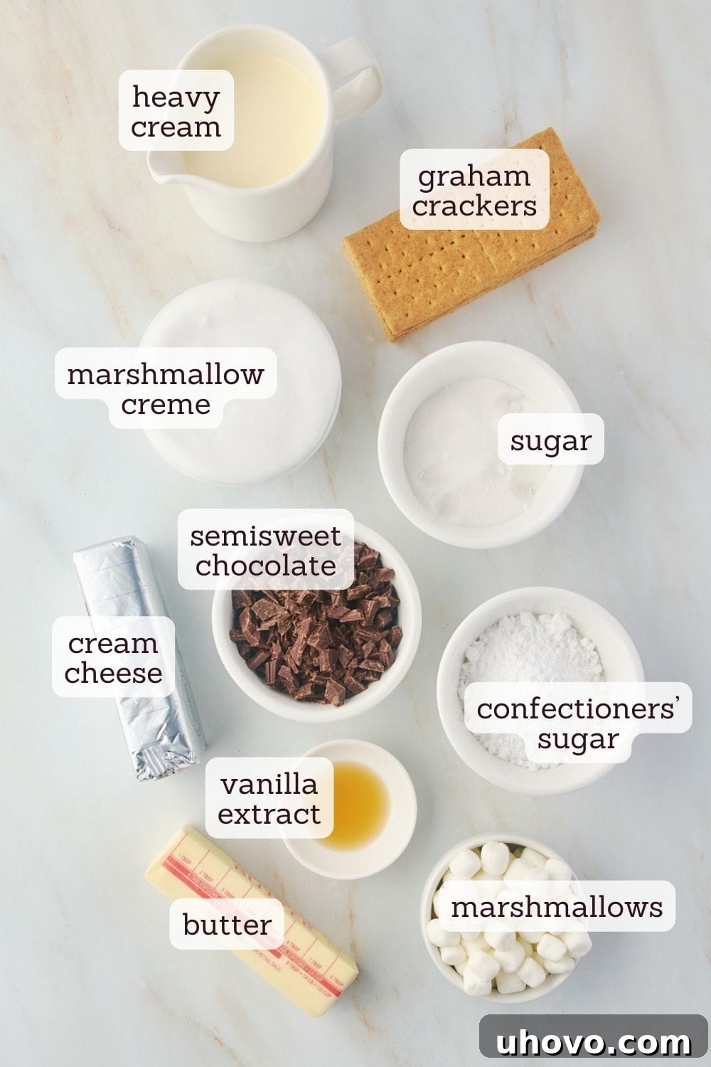 overhead view of labeled ingredients for s'mores pie