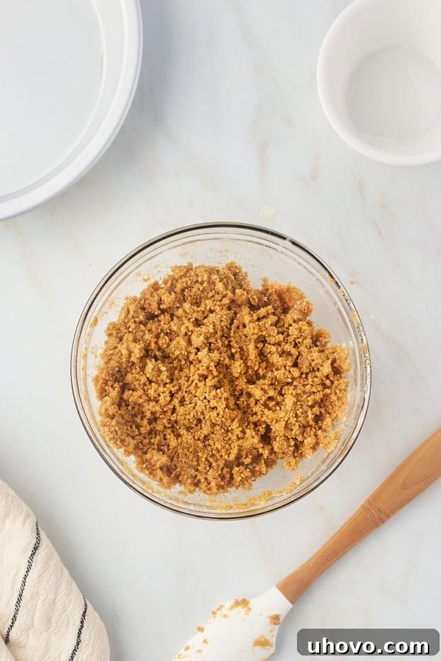 overhead view of graham cracker crust mixture in a glass mixing bowl