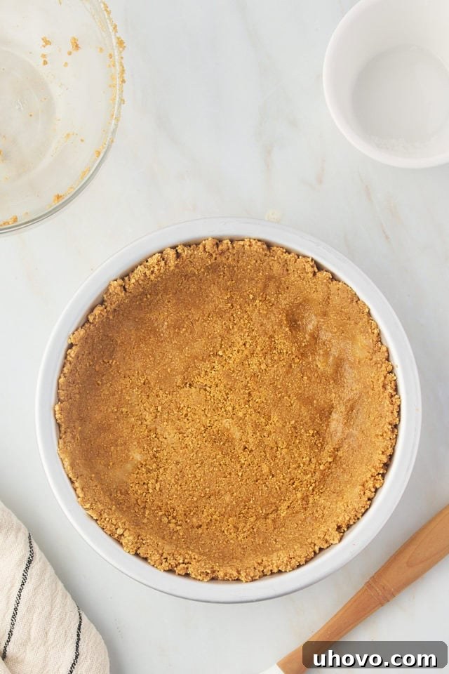 overhead view of graham cracker crust in a metal pie plate