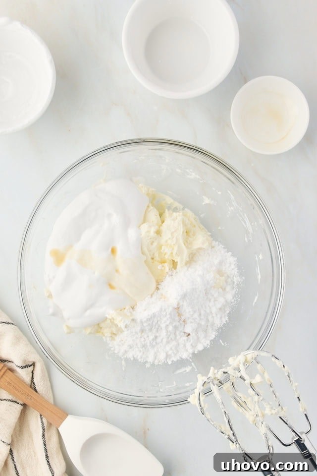overhead view of marshmallow creme, confectioners' sugar, and vanilla extract added to beaten cream cheese