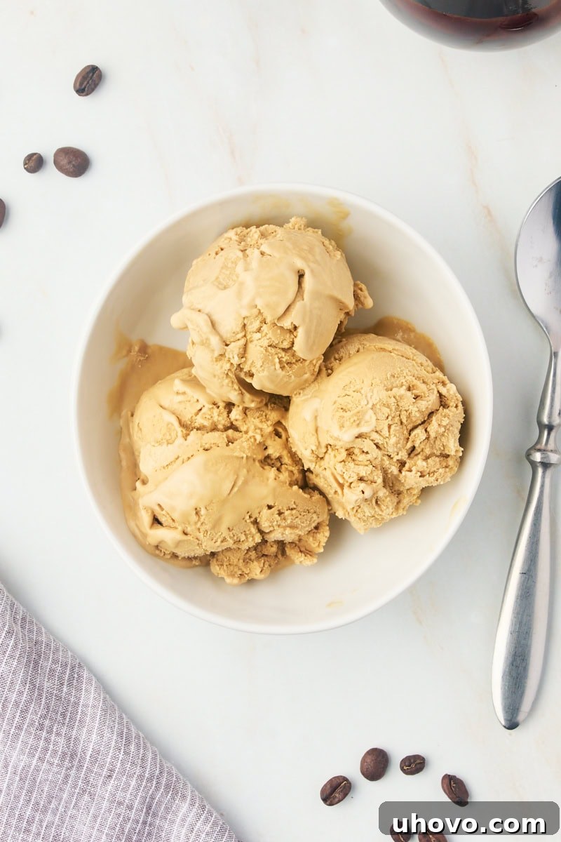 Overhead view of three perfectly scooped portions of homemade coffee ice cream in a white bowl, ready to be enjoyed.