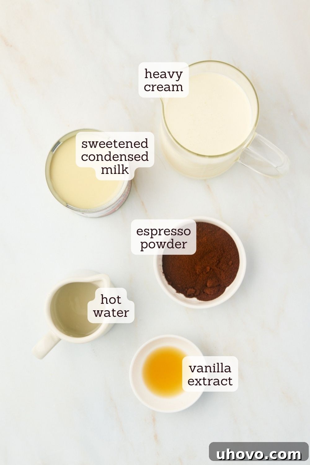 Overhead view of precisely measured and labeled ingredients for homemade no-churn coffee ice cream on a light wooden surface, ready for preparation.