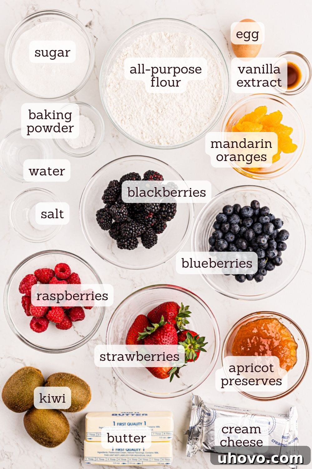 overhead view of labeled ingredients for fruit pizza