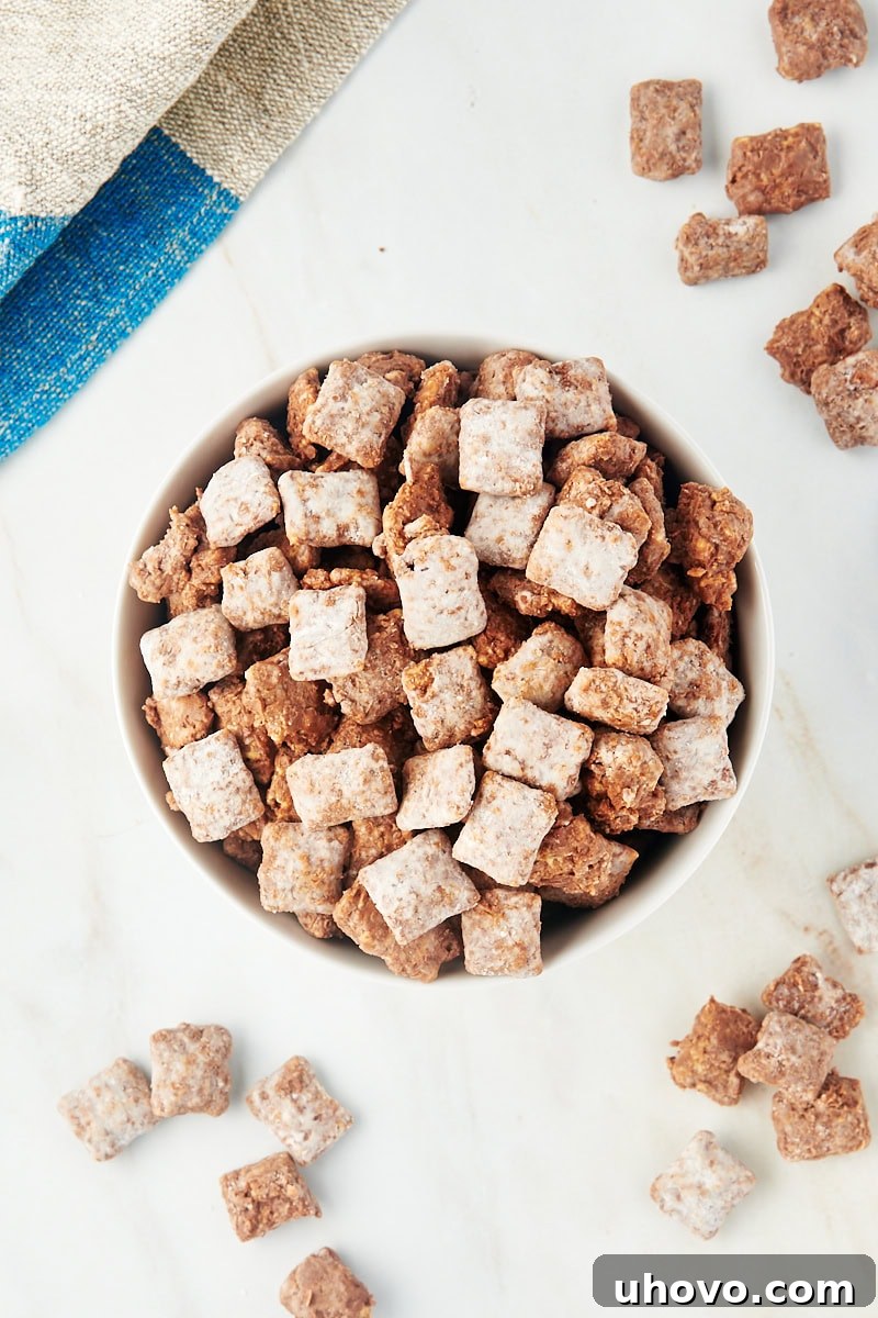 overhead view of muddy buddies in a white bowl with more scattered around the bowl, showcasing the powdery coating
