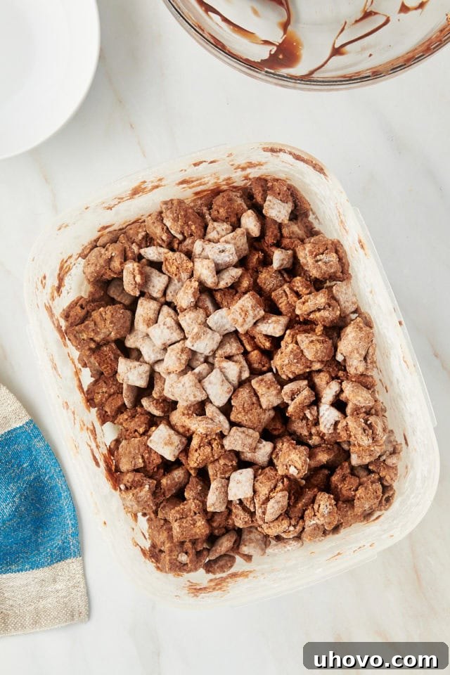 overhead view of muddy buddies being shaken in a plastic container to coat with powdered sugar
