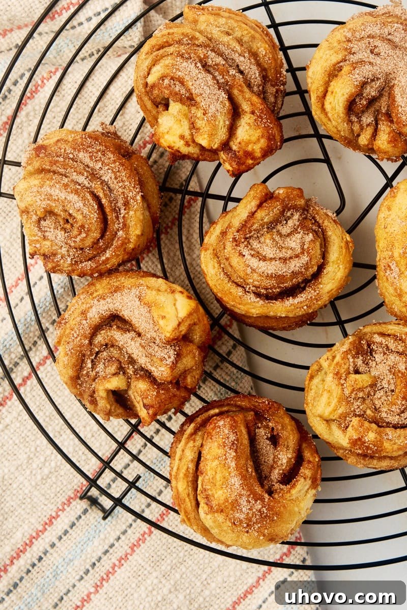 An overhead view of freshly baked cinnamon-sugar cruffins cooling on a wire rack, showcasing their intricate layers and golden crust.