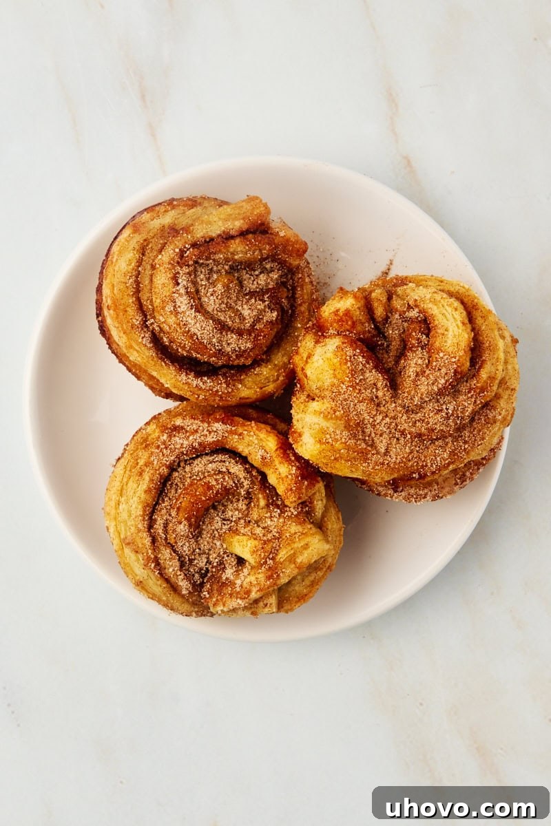 An overhead shot featuring three perfectly baked cruffins arranged on a simple white plate, highlighting their appetizing golden-brown hue and tempting spiral form.