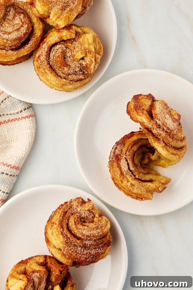 A beautiful arrangement of several cruffins on white plates, with one cruffin artfully uncoiled to vividly display its magnificent, buttery flaky layers.