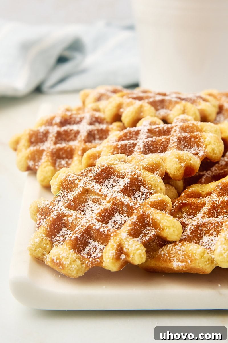 A stack of golden-brown waffle cookies piled on a white plate, highlighting their crispy edges and inviting texture, ready to be enjoyed.