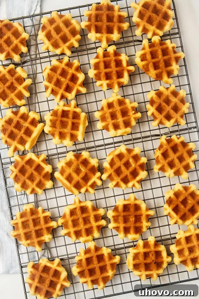 Overhead view of crispy, golden-brown waffle cookies cooling on a wire rack, allowing air circulation for maximum crispiness.