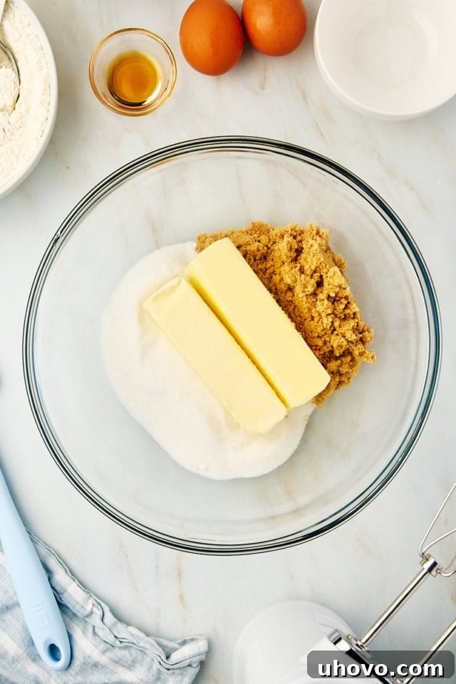 Overhead view of softened butter, granulated sugar, and brown sugar meticulously measured and placed in a clear glass mixing bowl, ready for creaming.