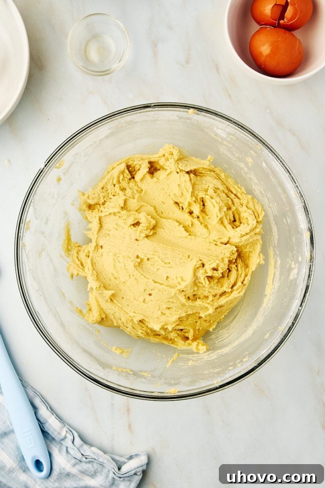 Overhead view of perfectly mixed waffle cookie dough in a bowl, demonstrating the ideal consistency before cooking, with no dry streaks visible.