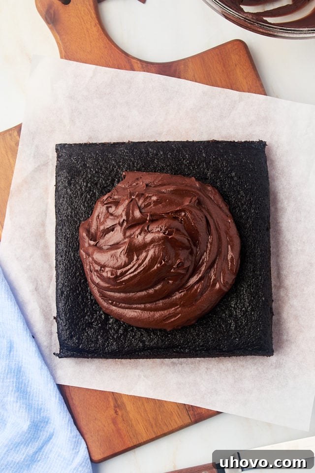 overhead view of frosting added to the top of chocolate cake