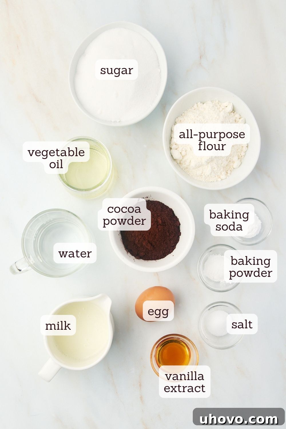 overhead view of labeled ingredients for one-bowl chocolate cake