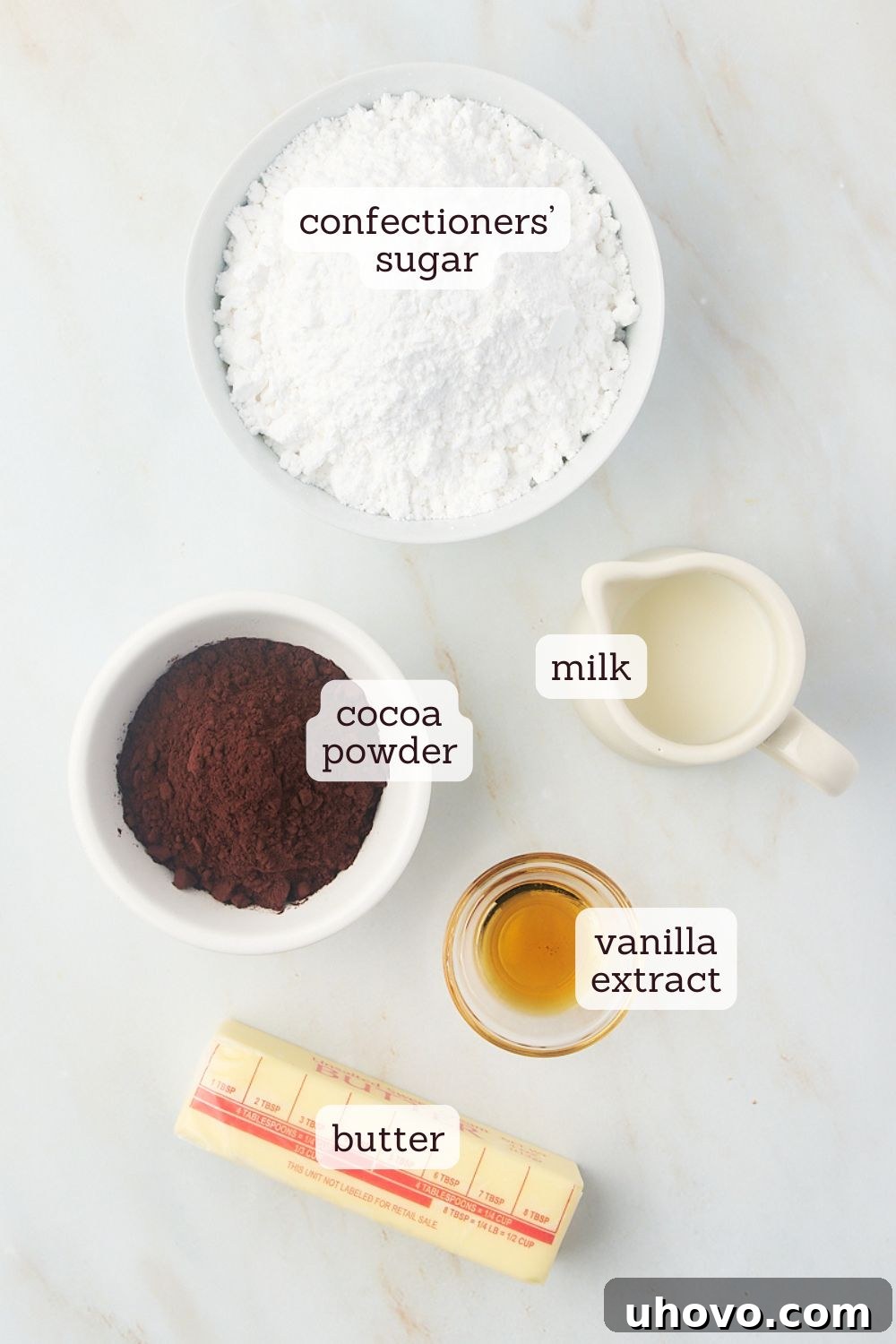 overhead view of labeled ingredients for chocolate buttercream frosting