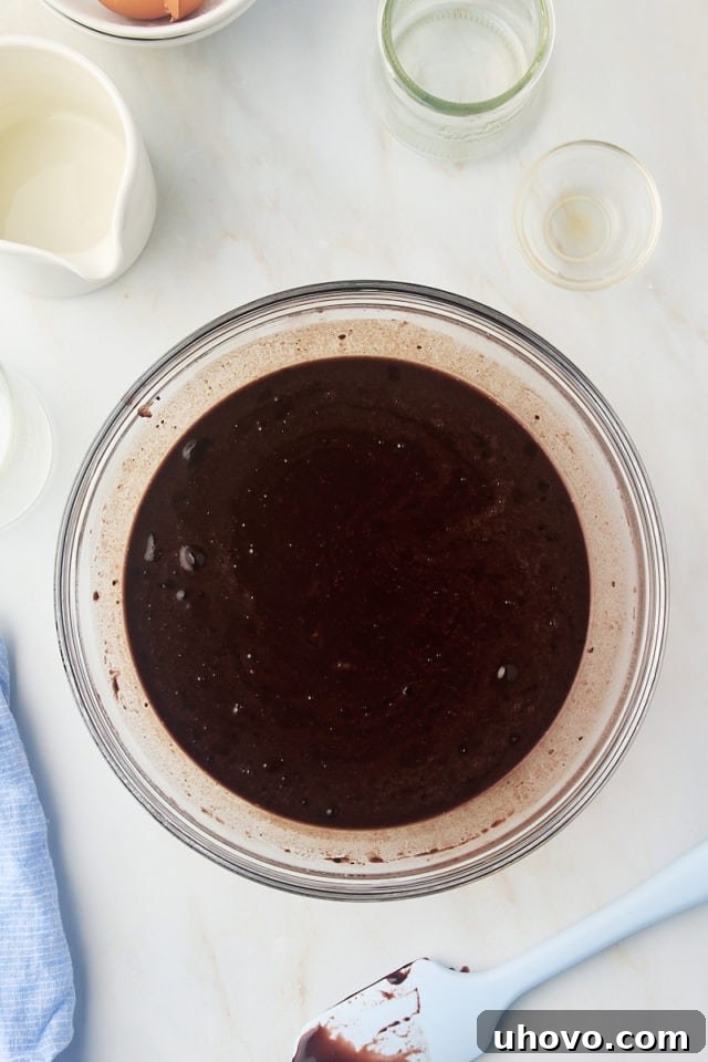 overhead view of mixed one-bowl chocolate cake batter