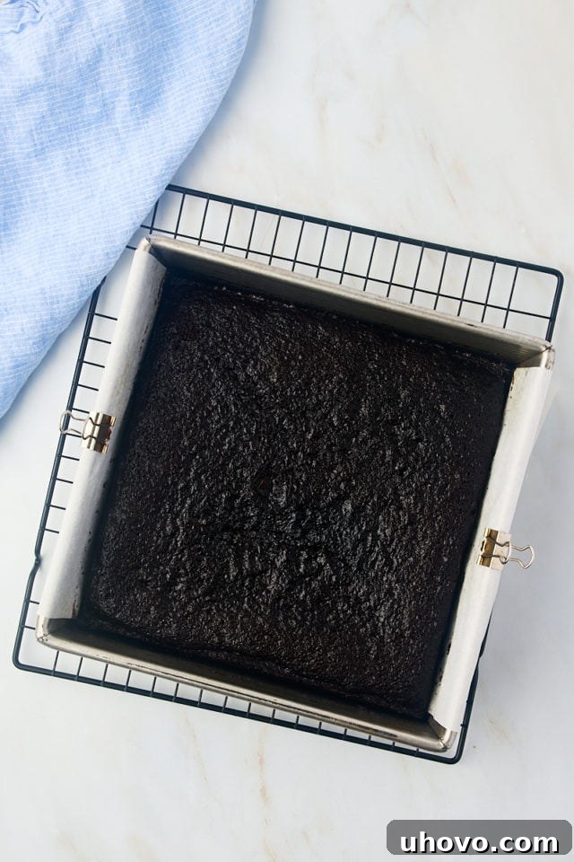 overhead view of freshly baked one-bowl chocolate cake in a square pan on a wire rack