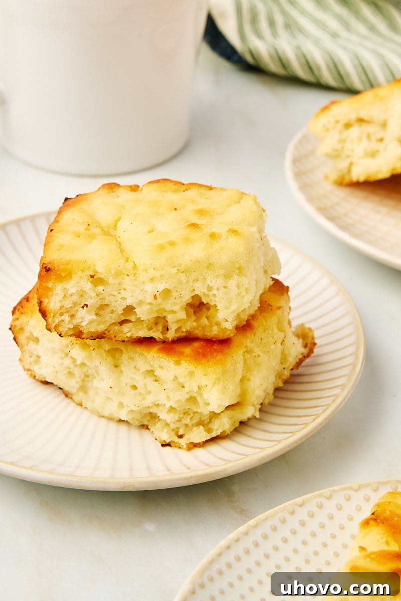 Two golden-brown butter swim biscuits stacked on a plate, showcasing their crispy edges and soft interior.
