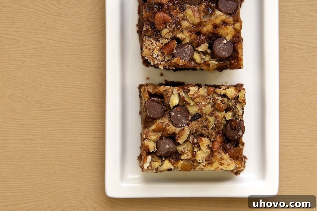 Overhead view of 2 toffee pecan cream cheese brownies