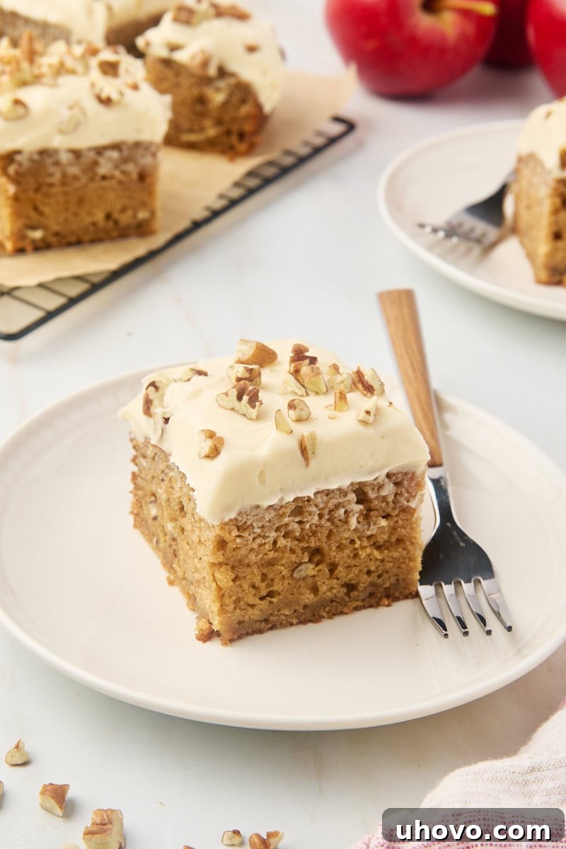 A single slice of applesauce cake beautifully presented on a white plate with a fork beside it.