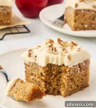 slice of applesauce cake on a plate with a bite on a fork
