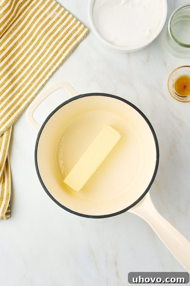 overhead view of butter in a saucepan