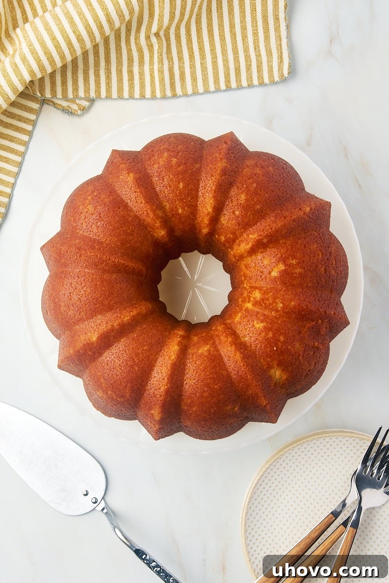 overhead view of Kentucky butter cake on a white cake plate