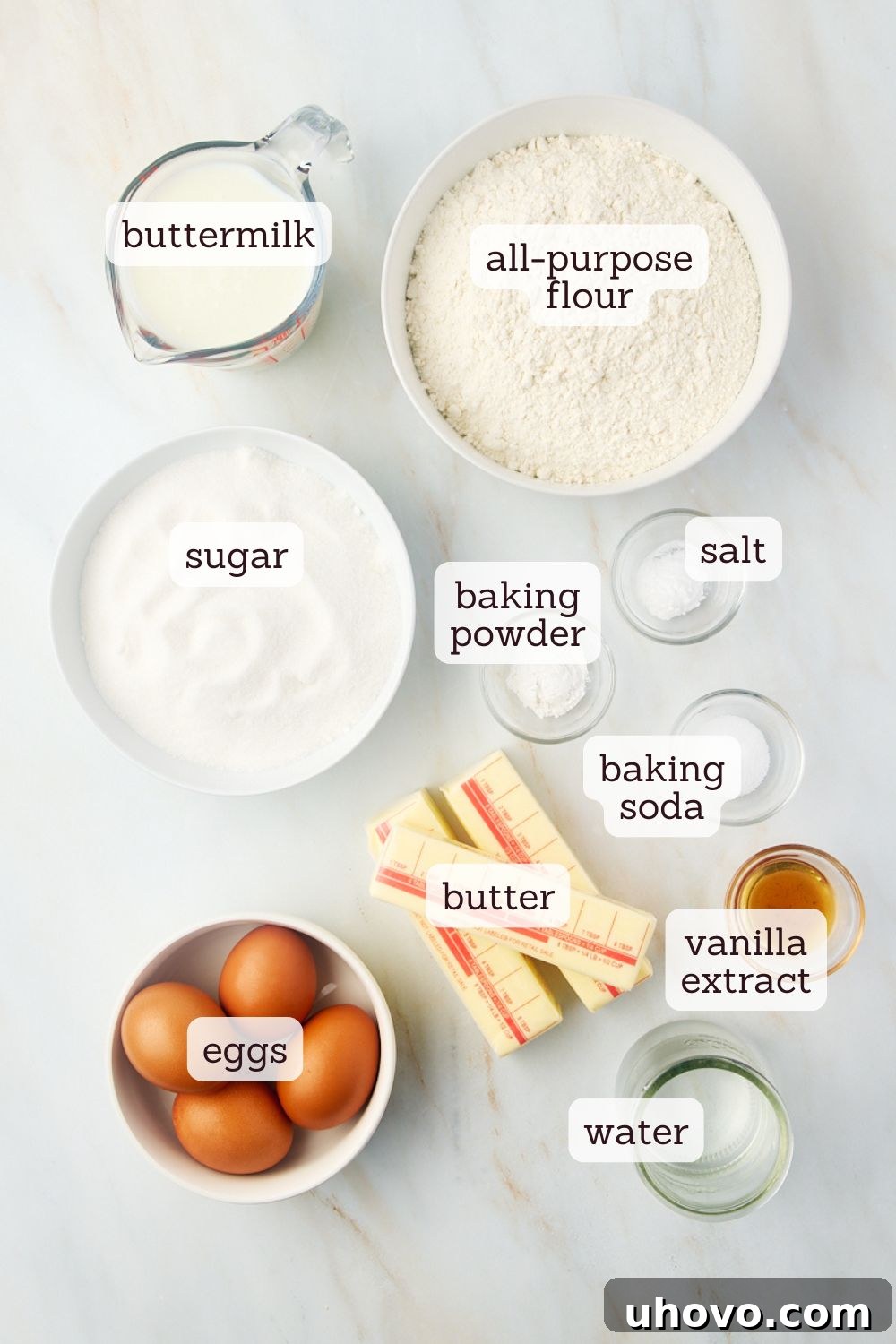 overhead view of labeled ingredients for Kentucky butter cake