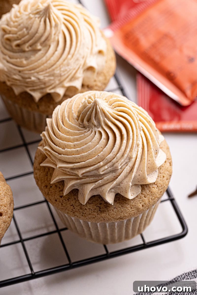 Two perfectly frosted chai spice cupcakes, showcasing their delicate swirls, resting on a wire rack.