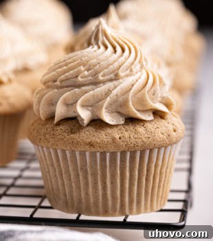 Chai spice cupcakes lined up on a wire rack, beautifully frosted and ready.