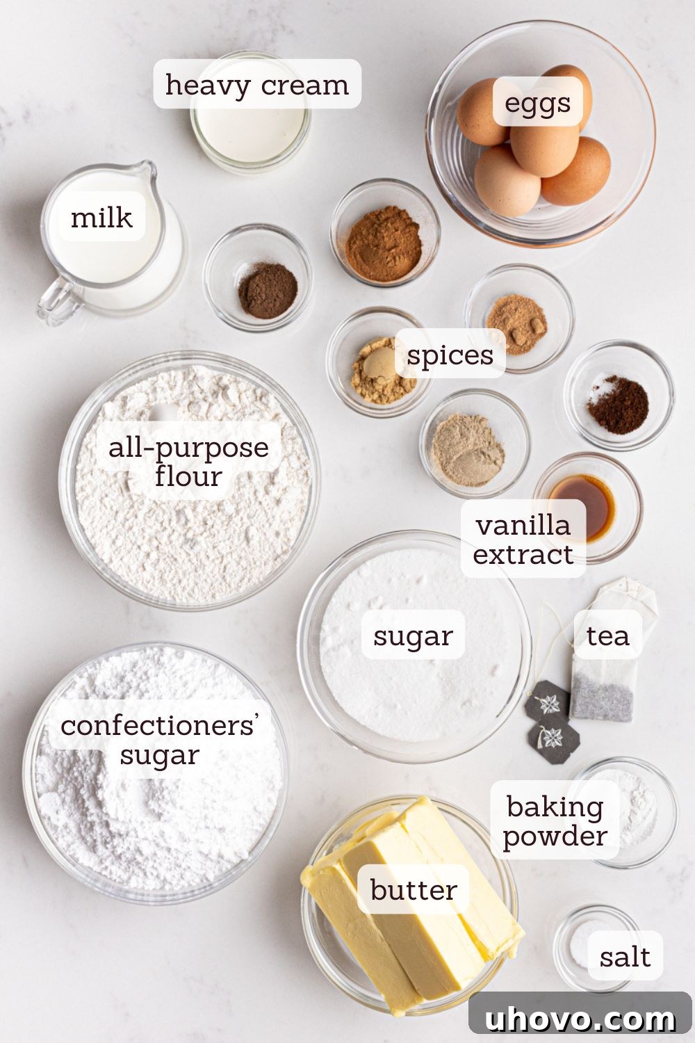 Overhead view of all the measured and labeled ingredients laid out perfectly for making chai spice cupcakes.