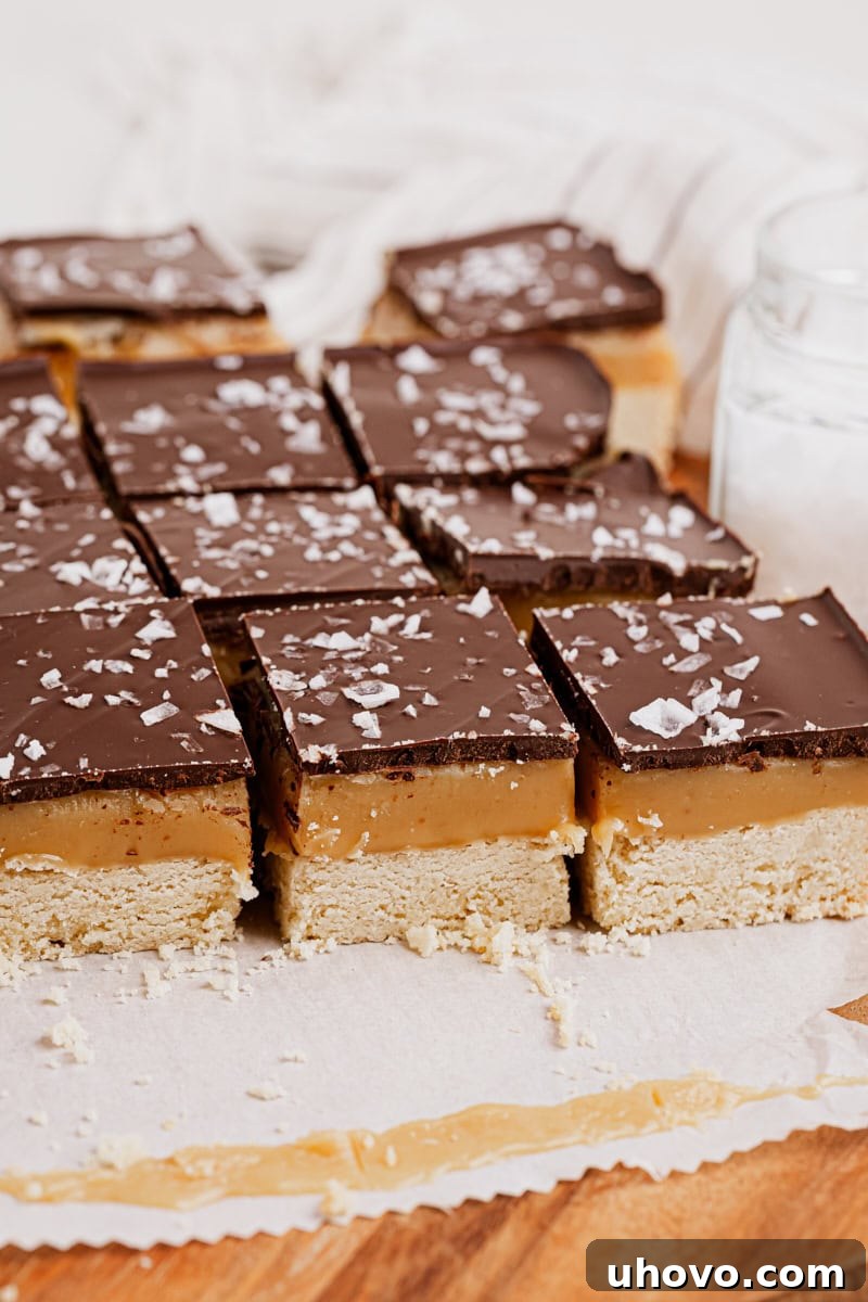 Golden brown Millionaire Shortbread Bars arranged beautifully on parchment paper, showcasing their distinct layers of buttery shortbread, rich caramel, and smooth chocolate.