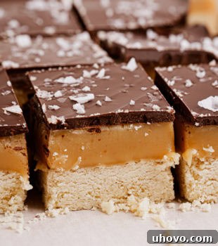 Millionaire Shortbread Bars on parchment paper, displaying their layers of shortbread, caramel, and chocolate.