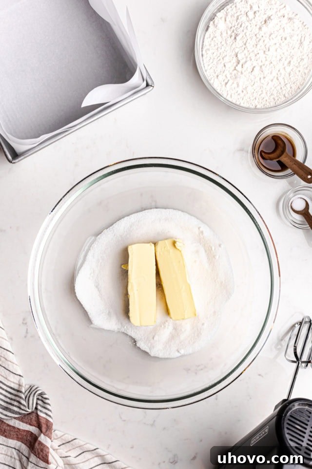 Close-up overhead view of softened butter and granulated sugar being creamed together in a glass mixing bowl with an electric mixer, forming a light and fluffy mixture for the shortbread.
