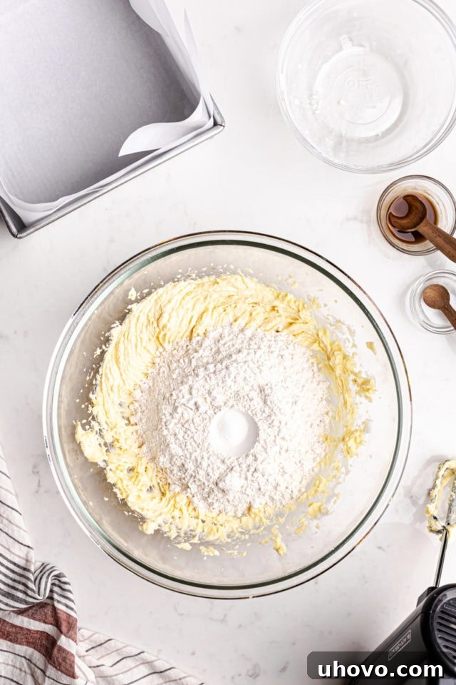 Overhead shot of all-purpose flour and salt being added to the creamed butter and sugar mixture in a glass mixing bowl, ready to be incorporated for the shortbread dough.