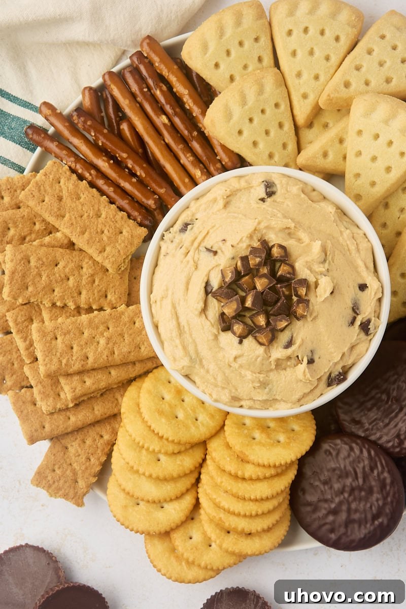 An overhead view of a bowl of creamy peanut butter cup dip, beautifully presented and surrounded by an assortment of dippers including crunchy pretzels, classic graham crackers, and various cookies.