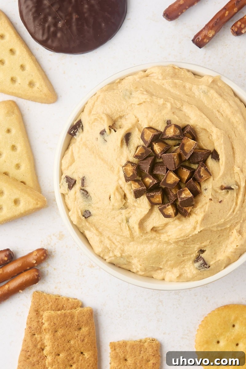 A beautifully arranged spread featuring a central bowl of peanut butter cup dip, surrounded by an appetizing selection of pretzels, cookies, and crackers, inviting guests to dig in.