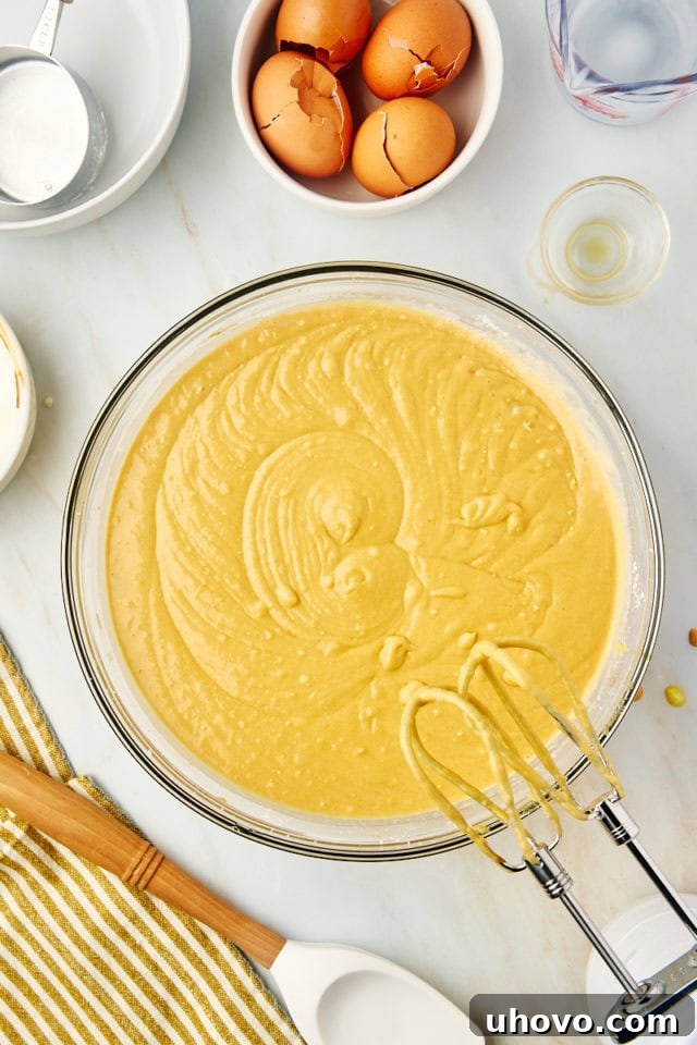 An overhead view of the fully mixed dulce de leche cake batter, showing its smooth, uniform texture just before being transferred to cake pans.