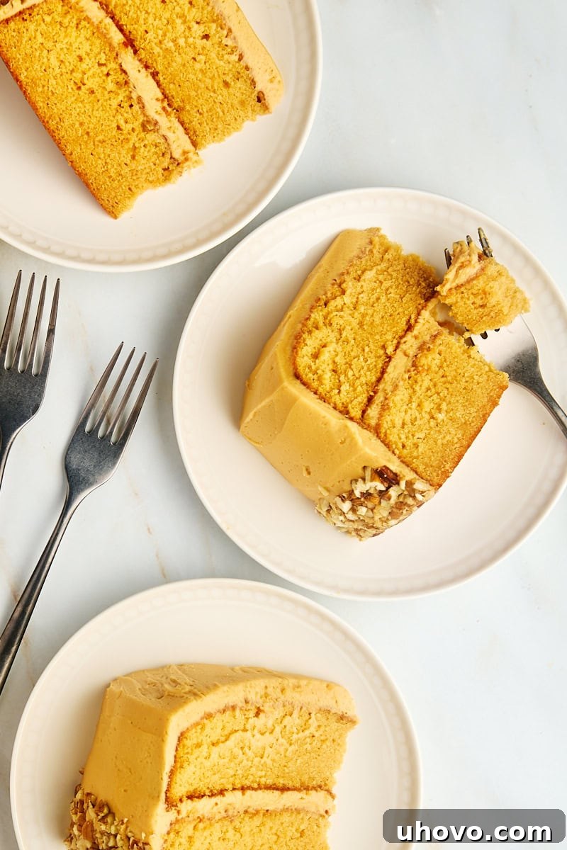 An inviting overhead view of three individual slices of dulce de leche cake, each perfectly portioned on a separate plate, ready for serving.