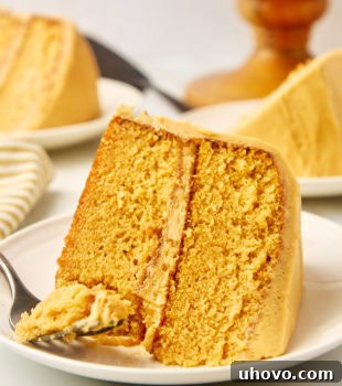 A slice of dulce de leche cake on a plate with a fork, emphasizing its rich, moist texture and creamy frosting.
