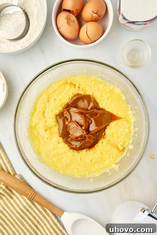 An overhead view of dulce de leche and vanilla extract being mixed into the prepared cake batter, showing the smooth, caramel-colored consistency developing.