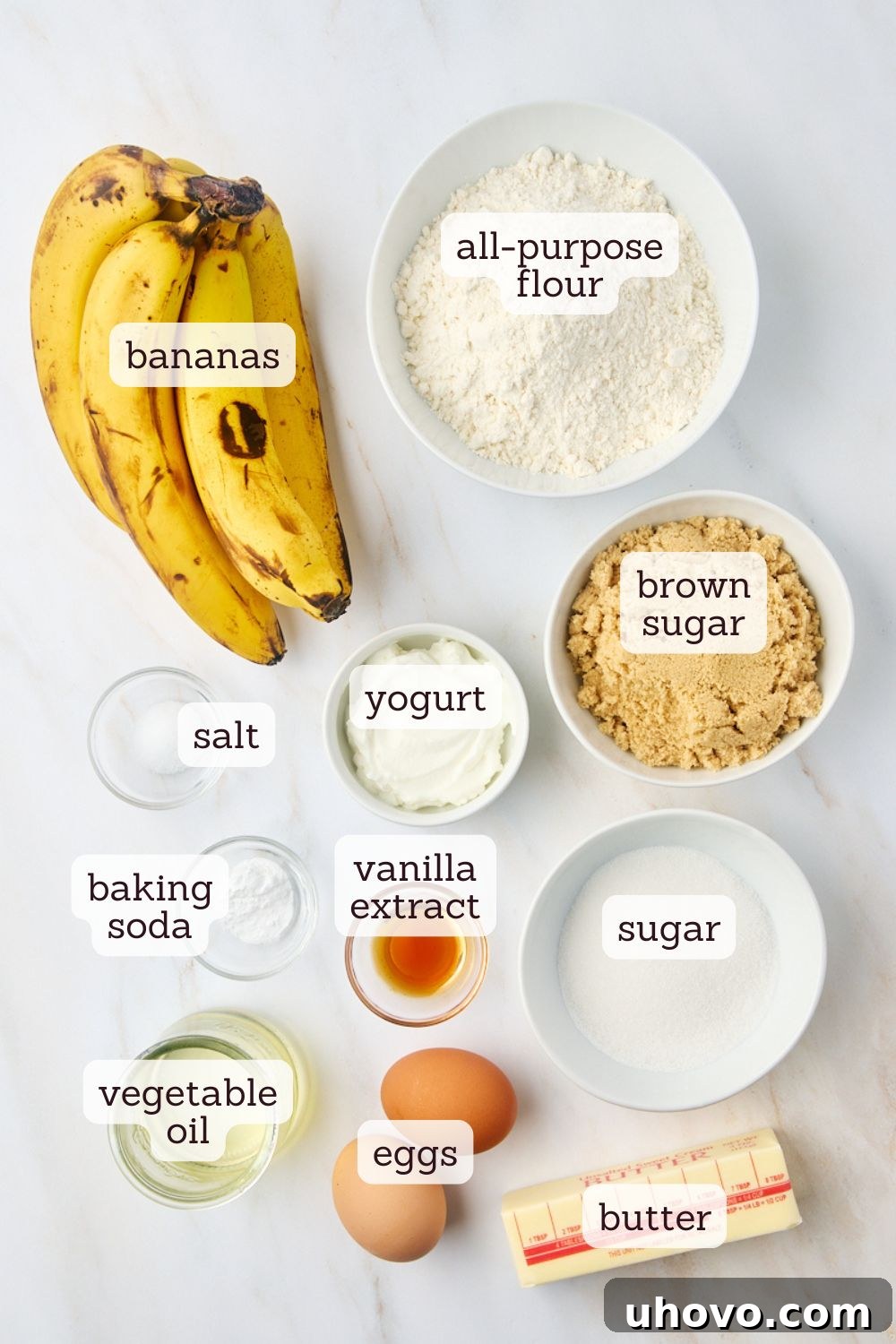 overhead view of ingredients for banana bread