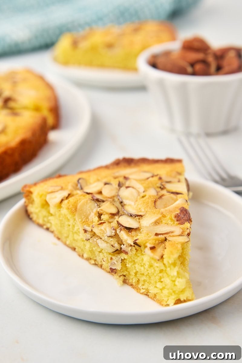 A perfectly sliced almond torte on a white plate, with the rest of the cake blurred in the background, showcasing its golden-brown topping and moist interior.