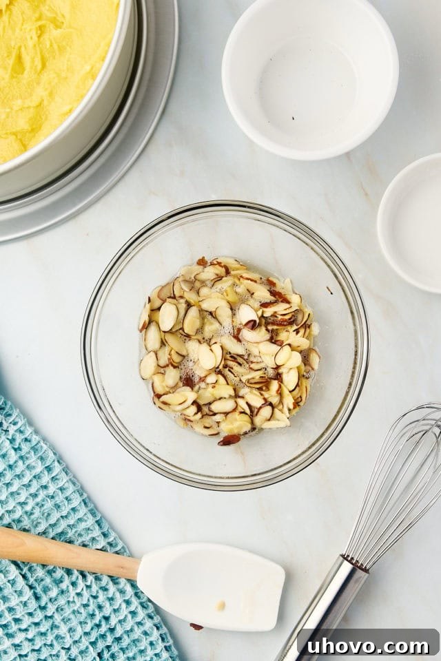 Overhead view of sliced almonds folded into the egg white and sugar mixture, ensuring each almond is well coated before being spread onto the torte.