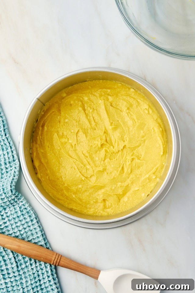 Overhead view of the smooth almond torte batter spread evenly within a parchment-lined springform pan, ready for the topping.