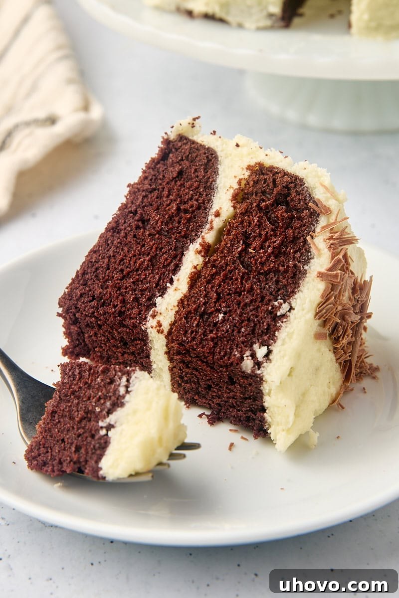 A delectable slice of mahogany cake on a plate with a fork, showing a bite taken, emphasizing its moist texture.