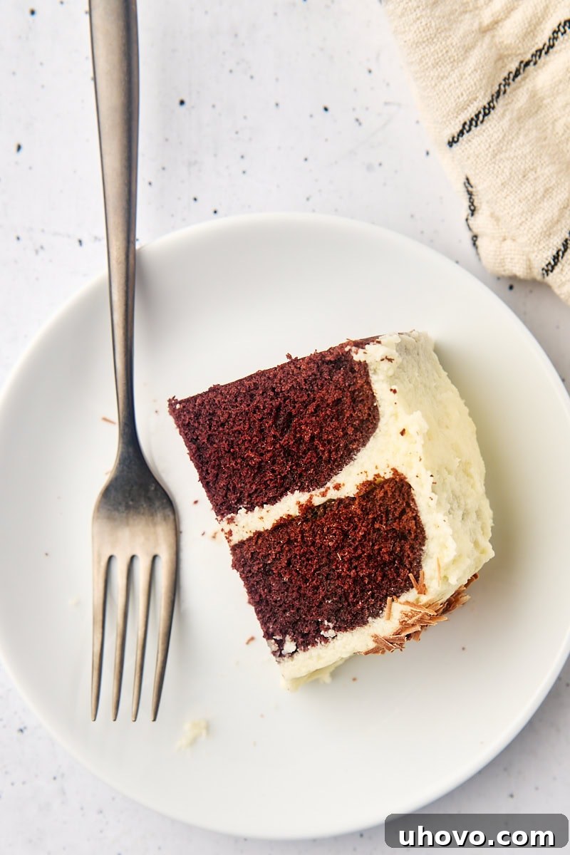 A partial slice of rich mahogany cake on a white plate with a fork, emphasizing its inviting texture.